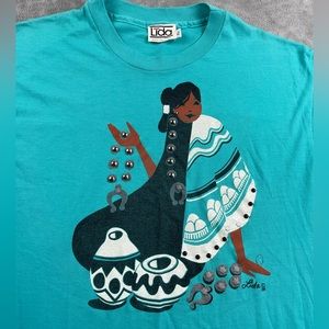 Vintage 80s 1988 Single-Stitch Native American Woman T Shirt XL Turquoise Blue